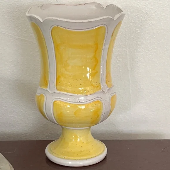 Mid Century Bitossi Era Italian Art Pottery Jardiniere Vase Yellow White Sticker